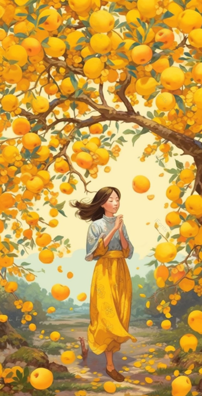 二十四节气芒种金色秋收女人苹果橙子树下祈祷垂直画幅,插画/手绘图,插画/手绘图库,插画/手绘图下载,插画/手绘
